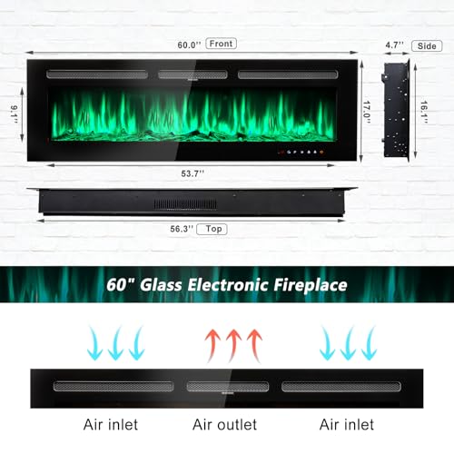 Electric Fireplace 60 inch Wall Mounted and Recessed with Remote Control and Touch Panel Control, Timer,12-Level Adjustable Flame Colors and Speed