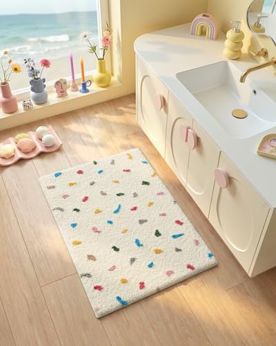 Color&Geometry Fluffy Bathroom Rug Non Slip, Absorbent Microfiber Bath Mat, Machine Washable Plush Floor Rug for Shower Tub Sink, Soft Thick Microfiber Carpet,Ivory White,20x32