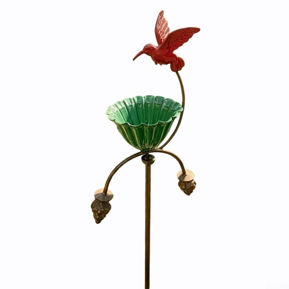 Elegante mangiatoia per uccelli in metallo con ciotola per fiori Red Hummingbird Feeder e Abbeveratoio per uccelli per esterni Decorazione da giardino Robusto palo in ferro battuto verde e