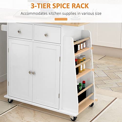HOMCOM Kitchen Island on Wheels, Mobile Storage Trolley, Rolling Kitchen Cart with Rubber Wood Top, 2-Door Cabinets, 2 Drawers, Adjustable Shelf, 3-Tier Spice Rack, Drawers - Image 3