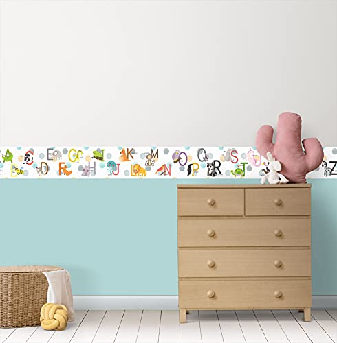 Grace & Gardenia Gb90121G8 Animal Alphabet Peel And Stick Wallpaper Border 8In Height X 15Ft White Blue Gray Green Designs #TOP1