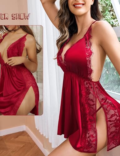 Image of Elegant Lace Trim Babydoll Nightwear, V-Neck Sleepwear with Side Slit