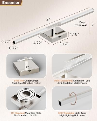 Image of Ensenior Modern Brushed Nickel Bathroom Vanity Light 24 inch, Built-in Dimmer, 1100LM Dimmable 5CCT Led Bath Lights, Bar Vanity Light for Bathroom Mirror Cabinets Bedroom-FCC & ETL Certificated