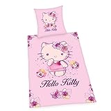 Herding Hello Kitty Bettwäsche-Set, Kopfkissenbezug 80 x 80 cm, Bettbezug 135 x 200 cm, Mit Knopfleiste, 100% Baumwolle/Linon