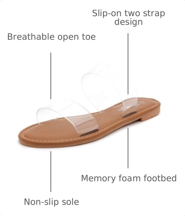 Image of Herstyle Flat Sandals for Women, Double Strap Slide Sandals, Open Toe Slip On, Comfortable Cushioned Footbed Casual Summer Shoes for Daily Wear, Beach, Vacation, Clear Options