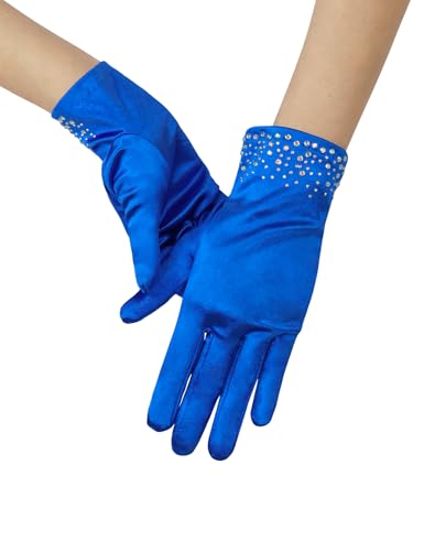 GRYUIRY Women Short Pearl Satin Tea Party Gloves Costumes Stretchy Sparkly Glitter Wrist Length Gloves Royal Blue