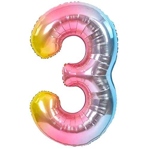 DIWULI XXL Zahlen-Luftballon '3' – Rosa Regenbogen-Folie, Ca. 90 Cm – Für 3. Geburtstag & Motto-Partys (mit Aufblashalm)