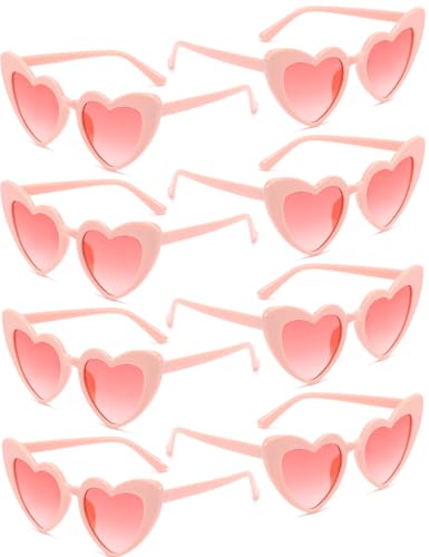 Ricawa 8 Pack Heart Sunglasses Vintage Cat Eye Love Heart Glasses Retro Bachelorette Bride Sunglasses Bulk for Women Wedding Party (Pink)