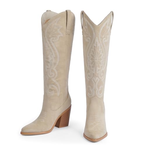 Image of Modatope Knee High Cowboy Cowgirl Boots Embroidered Tall Western Boots for Women with Block Chunky Heel Pointed Toe and Slip on Design