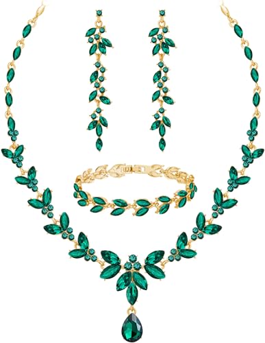 Paxuan Wedding Jewelry Sets for Bride Bridesmaid Bridal Jewelry Set for Women Wedding Crystal Necklace Earrings Bracelet Set for Party Prom Jewelry (Emerald Green - Gold)
