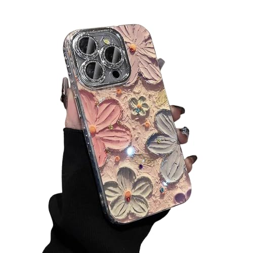 Image of Elzzi Compatible with iPhone 16 Pro Max Case Oil Painting Flower Colorful with Len Prtotection Shockproof PC+TPU Glossy Back Cover for Girls Women, Pink
