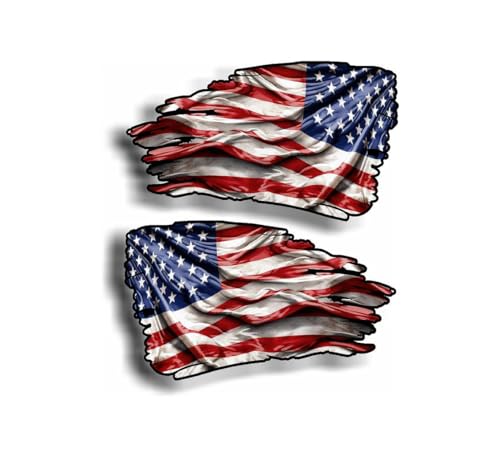 Image of American Flag Tattered Decal Set, Distressed Vinyl Stickers, Full Color and Black White Options, 2-Piece (8 inchx14 inch Two Pack Color)