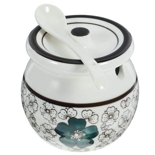 STOBAZA Ceramic Sugar Pot Sugar Bowl with Lid and Spoon Porcelain Seasoning Cellar Vintage Condiment Pot Salt Storage Jar Salt Container for Home Kitchen Restaurant Blue