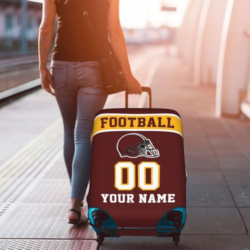 Image of Custom Luggage Cover Personalized Football Style Suitcase Cover with Name Number Customized Washable Elastic Sports Travel Suitcase Protector for Business Vacation Gifts, Yellow Red