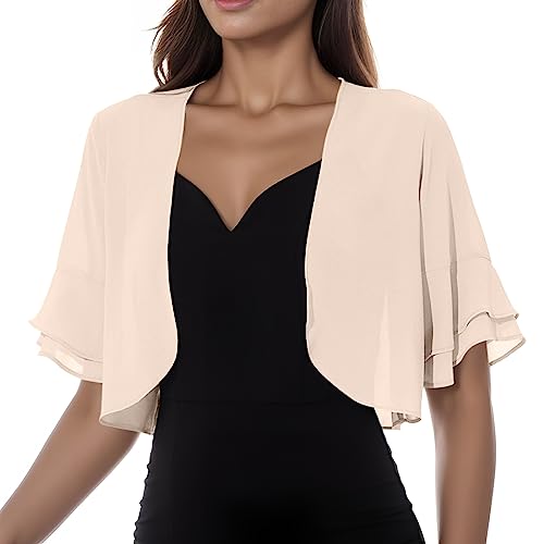 Briskorry Boléro festif pour femme - Manches 3/4 - En mousseline de soie - Élégant - Pour mariage, beige, S