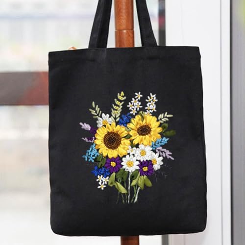 Image of Canvas Tote Bag Silk Ribbon Embroidery Kit for Beginners, Arts and DIY Crafts Kits with Pattern for Adults, Include Stamped Flower Pattern, Hoop, Color Silk Ribbons and Tool (Black Bag, Sunflower)