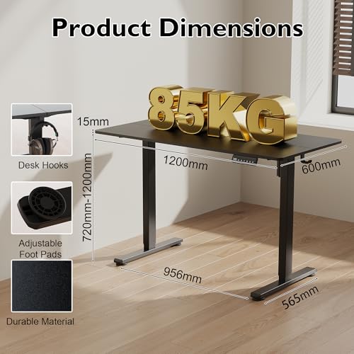 Scrivania Elettrica Regolabile, 120 x 60 cm, Altezza 72-120 cm, Motore Silenzioso, 3 Memorie Preimpostate, Scrivania Gaming e da Ufficio,Gancio per Cuffie, Scrivania da Ufficio e Gaming, Nero - Sedia gaming - Immagine 2
