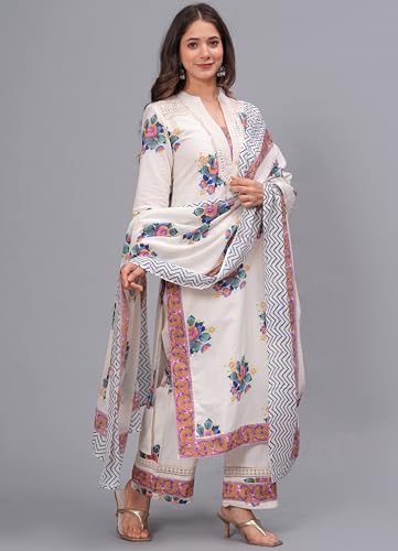 Image of Amayra Women's Pure Cotton Printed Straight Kurta Set with Palazzo Pants & Dupatta- Ethnic Wear, White