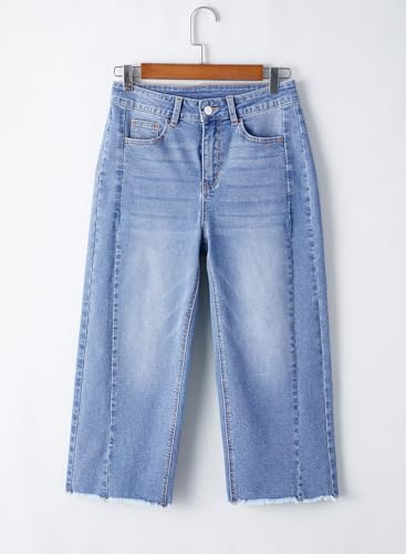 Sidefeel Women's High Waisted Stretchy Wide Leg Raw Hem Capri Denim Pants Size 12 Light Blue