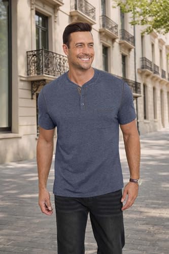 NITAGUT Mens Henley Shirts Short Sleeve Cotton Casual T-Shirts for Men Comfort Button Summer Tee with Pocket, Vg Navy Blue, XX-Large — view 3