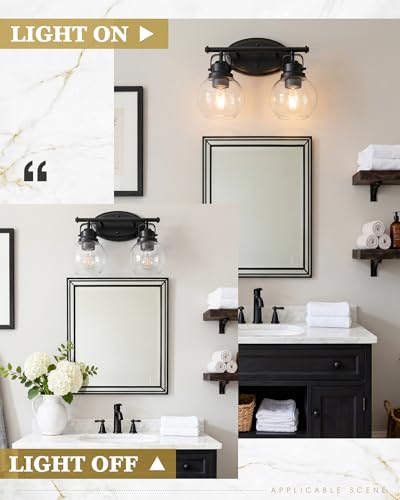 Image of Black Bathroom Light Fixtures, 2-Light 14 inch Vanity Lights with Clear Globe Glass Shades, Farmhouse Vintage Vanity Lighting Fixtures Over Mirror, E26 Base, AD-2147-2W-BK