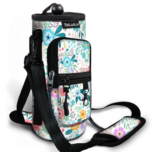ToLuLu Water Bottle Carrier Bag 25/32/40oz with Pocket,Insulated Neoprene Adjustable Shoulder Strap Water Bottle Pouch Case, Crossbody Water Bottle Holder Sling Sleeve for Women, 25OZ Summer Flowers