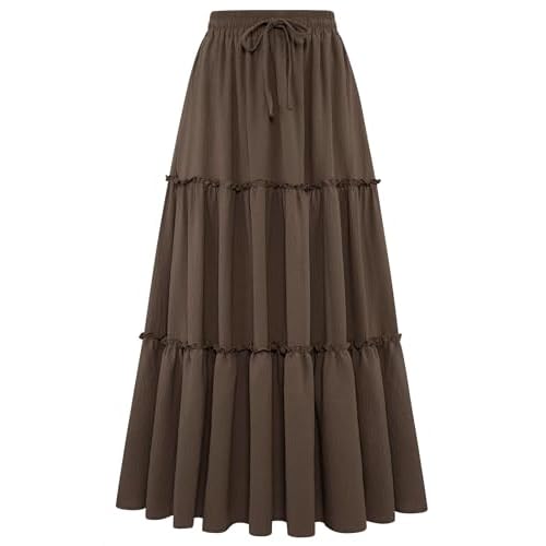 Arolina Women's Summer Maxi Skirt Trendy High Waist Pleated Ruffle Long Skirts Flowy Beach Boho Skirt Dress with Pockets Khaki XX-Large