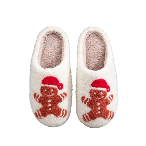 Snugeasy Pantoufles de Noël en forme de rennes pour homme et femme en peluche douce et chaude pour intérieur et extérieur, Bonhomme en pain d'épice rouge, 41/42 EU