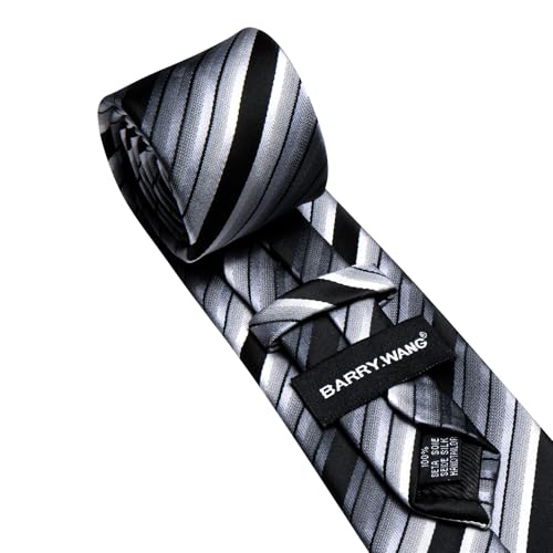 Image of Barry.Wang Silk Men Ties Formal Stripes Necktie and Tie Clip for Wedding Party Business Fashion Classic