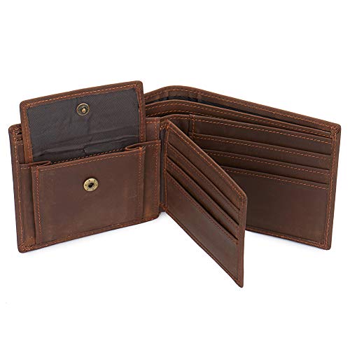 Men's RFID Blocking Vintage Cowboy Genuine Leather Bifold Wallet With Coin Pocket Large Dark Brown4