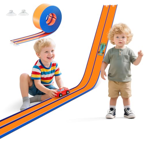 15 Ft Flexible Race Track for Kids – Portable Car Race Track Starter Set with Suction Cups, Rolls Up Easy, Compatible with 1/64 Diecast Cars, Birthday Gift for Boys & Girls Ages 3+ (Orange&Blue)