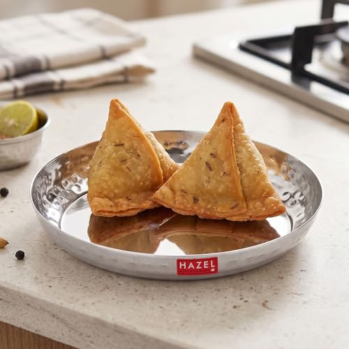 Image of HAZEL Stainless Steel Snack Plate 15.5 cm | Side Hammered Finish Round Steel Thali Nasta Plate for Daily Use Home, Office & Restaurant
