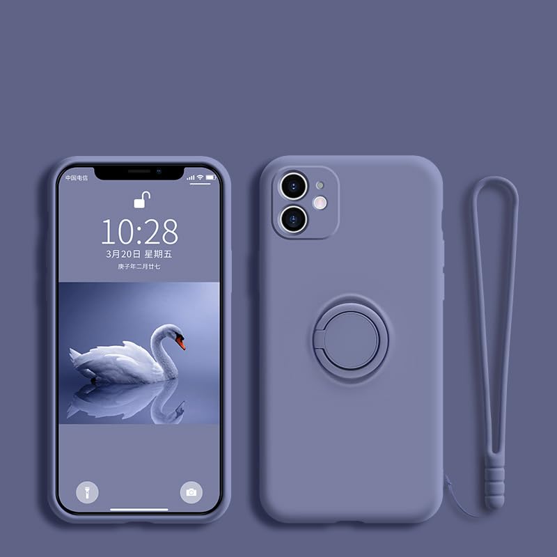 Coque iPhone 15 silicone liquide support anneau sangle gris