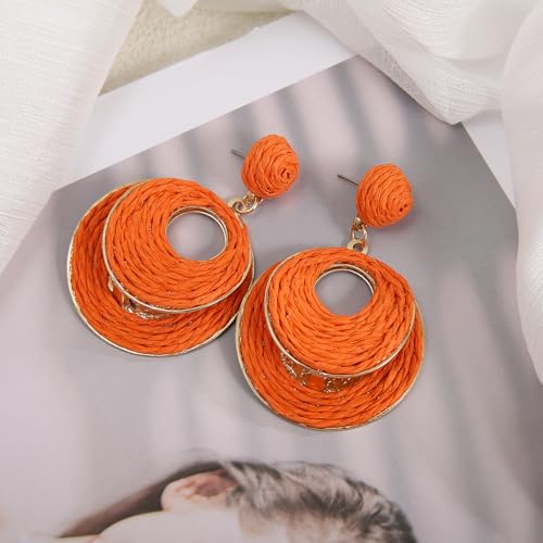 Handmade Raffia Hoop Earrings for Women - Lightweight Boho Dangle Jewelry, Summer Beach Vacation Accessories, Round Oval Straw Wrap Design4