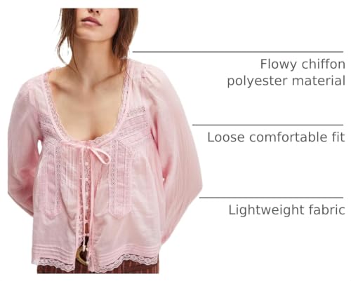 Image of Women Summer Sheer Tie Front Top Y2k Peplum Chiffon Blouse Eyelet Long Sleeve Flowy Lace Beach Cover Up Boho Tops