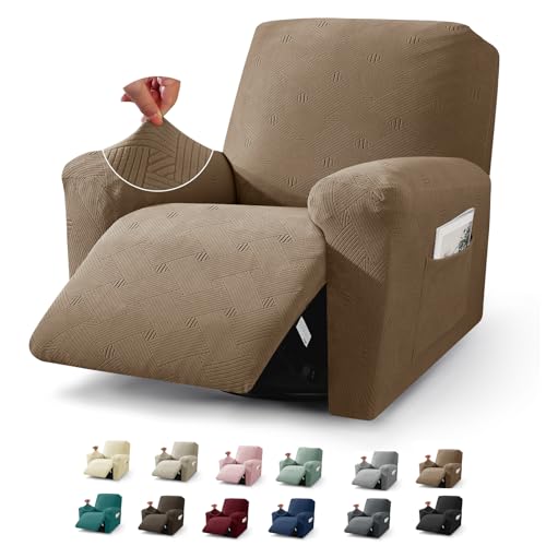 JIVINER Recliner Chair Covers, Jacquard 3 Piece Slipcovers for Recliner Chair Soft Stretch Lazy Boy 1 Seater Reclining Protector with Pockets (Recliner, Brown)