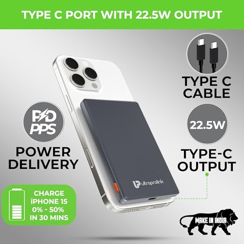Image of UltraProlink 5000mAh Slimmest Wireless Magnetic Mag-Safe Power Bank| 22.5W Fast Charge Type C Port with PD-PPS Support |Charging for iPhone Series 16,15,14,13 | Made in India |Grey|Juice-Up Mag 4