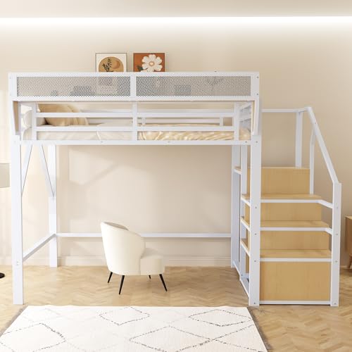 Transplant Cama alta 140 x 200 cm de metal blanco | Cama multifuncional de metal con escalera de seguridad, compartimento de almacenamiento flexible y somier de láminas de metal | Litera para ahorrar