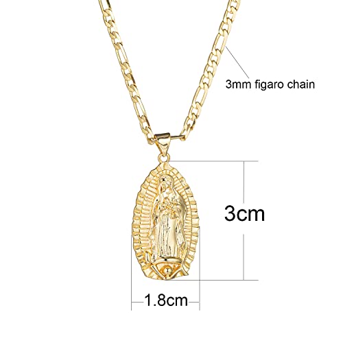 kelistom 14K Gold Plated Guadalupe Virgin Mary Oval Pendant Necklace for Women Men 3mm Flat Figaro Chain Necklace 18/22 inches2