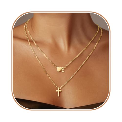 LUNADORN Cross Necklace, Layered Initial Necklaces for Women,Dainty 18K Real Gold Plated Heart Initial Necklace, Cross Necklace, Personalized Gifts for Women Teen Jewelry