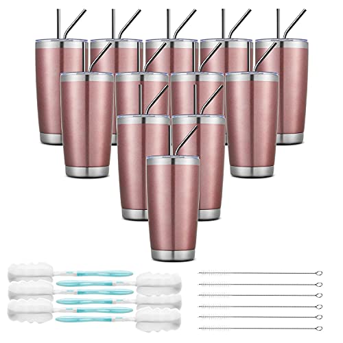 Coktik 12 Pack 20Oz Tumbler Cup Double Wall Vacuum Insulated Travel Mug Bulk, Stainless Steel Tumblers With Lid, Durable Powder Coated Coffee Cups For Cold & Hot Drinks, Rosegold #TOP9