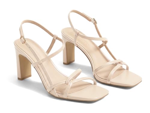 Coutgo - Sandalias de tacón alto para mujer, con tiras cuadradas y puntera abierta, correa al tobillo, para boda, fiesta, Beige, 7.5