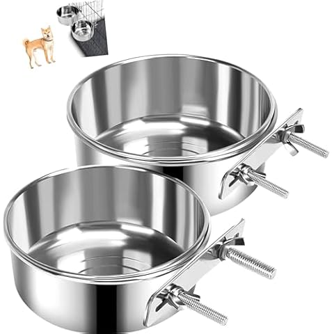 2 PCS Stainless Steel Pet Bowls Anti-Spill Metal Feeder Food and Water Feeding Bowl, Hanging Pet Cage Crate Bowl for Puppy Kennel Medium and Large Pets (6.3x2.5'' & 7.1x2.7'') Cover