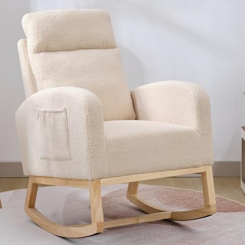 Image of Krinana Nursery Rocking Chair with Solid Wood Legs, Glider Chair for Nursery with Side Pocket, Rocker Armchair for Living Room Bedroom (Beige, Teddy)