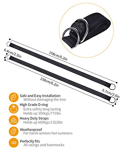 Aishn Tree Swing Straps Hanging Kit, Adjustable Hammock Straps(Set Of 2), 2200Lbs Break Strength. 5Ft Long With Tree Protector Sleeves, Swivel Strong Stainless Hook, Rustproof Screw Lock Carabiners #TOP6