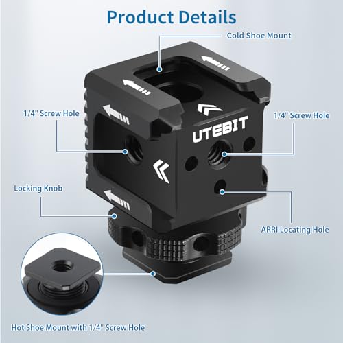 UTEBIT Triple Cold Shoe Mount mit Kamera Blitzschuh Adapter, 360° Drehbarer Dual Kugelkopf Magic Arm und 1/4-20 Gewinde Dreifach Kaltschuhhalterung für Monitor, Mikrofon, LED Blitzlicht