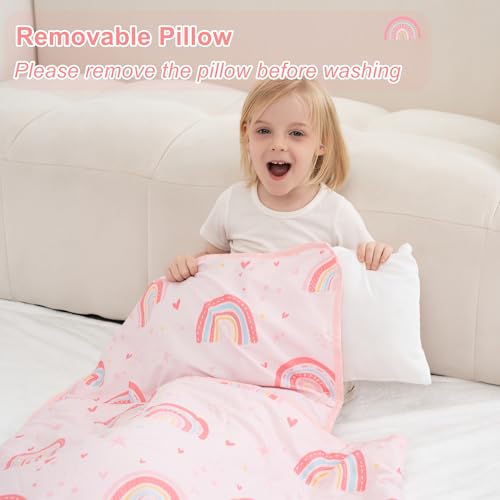 Image of Viviland Toddler Nap Mat with Pillow and Minky Dot Blanket, Large Thick Rolled Sleeping /Slumber Bags, Kids Girls Sleeping Mat for Preschool, Daycare, Kindergarten, Travel Camping- Pink Rainbow