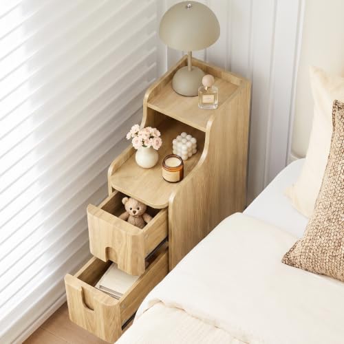 Image of FurSch Narrow Nightstand, Wooden 2 Drawer, Natural, Set of 2