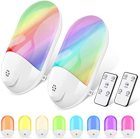 LED Night Lights Plug-in - 8 Different RGB Color Changing LED Night Light Plug Into Wall with Automatic Dusk to Dawn Sensor 2 Packs, Remote Control Timmer Night Light for Kids, Bedroom, Hallway