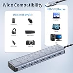 USB 3.0 Hub, Jeswo 7-Port USB 3.0 Aluminum Hub with Independent Switch and LED Indicator, 1m Extension Cable USB Splitter, Suitable for PC, Laptop, etc